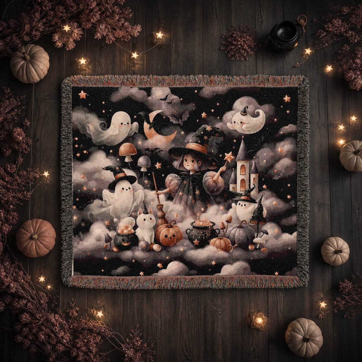 Cute Witch and Ghost Halloween Woven Blanket