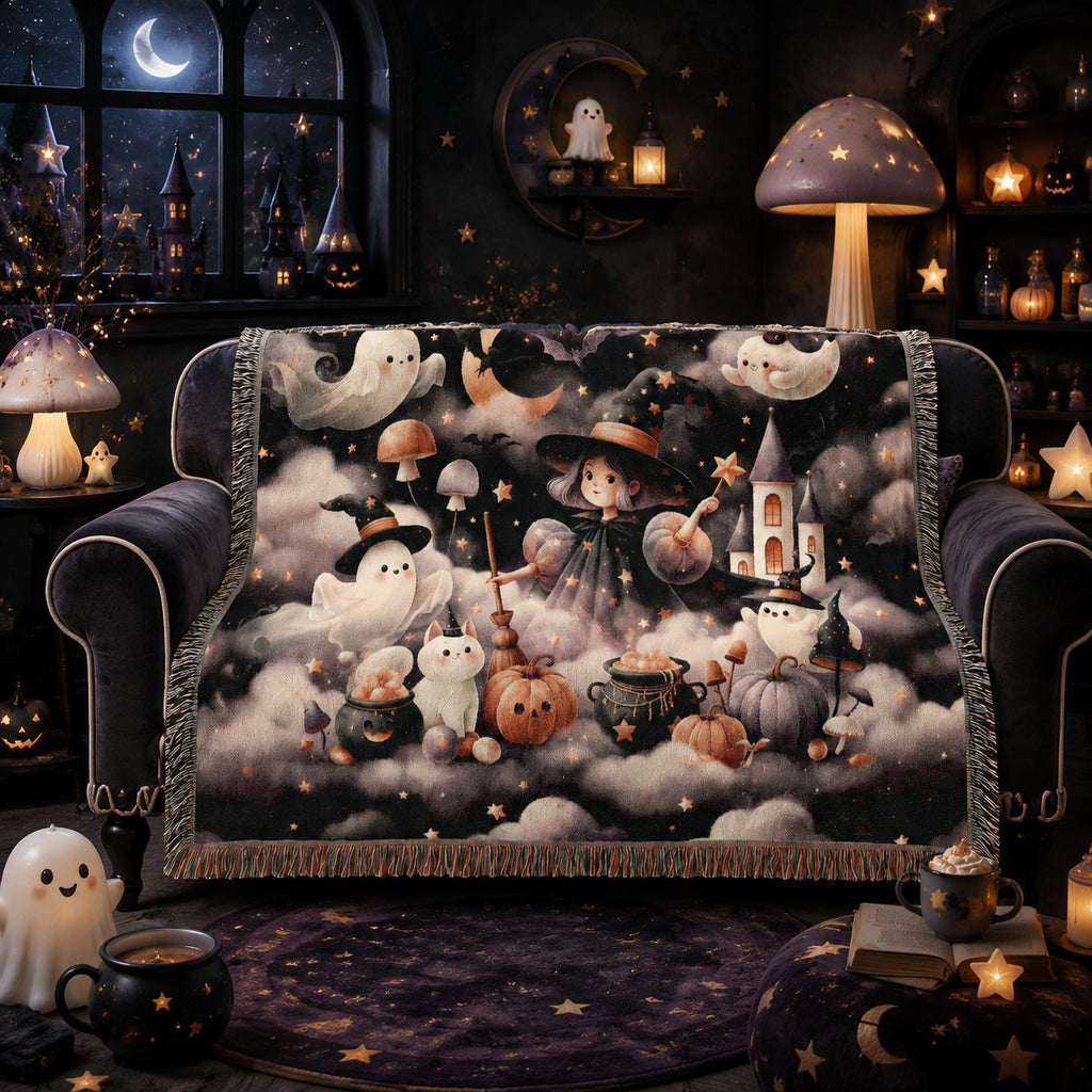 Cute Witch and Ghost Halloween Woven Blanket