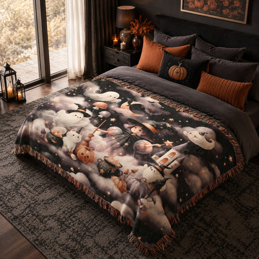 Cute Witch and Ghost Halloween Woven Blanket