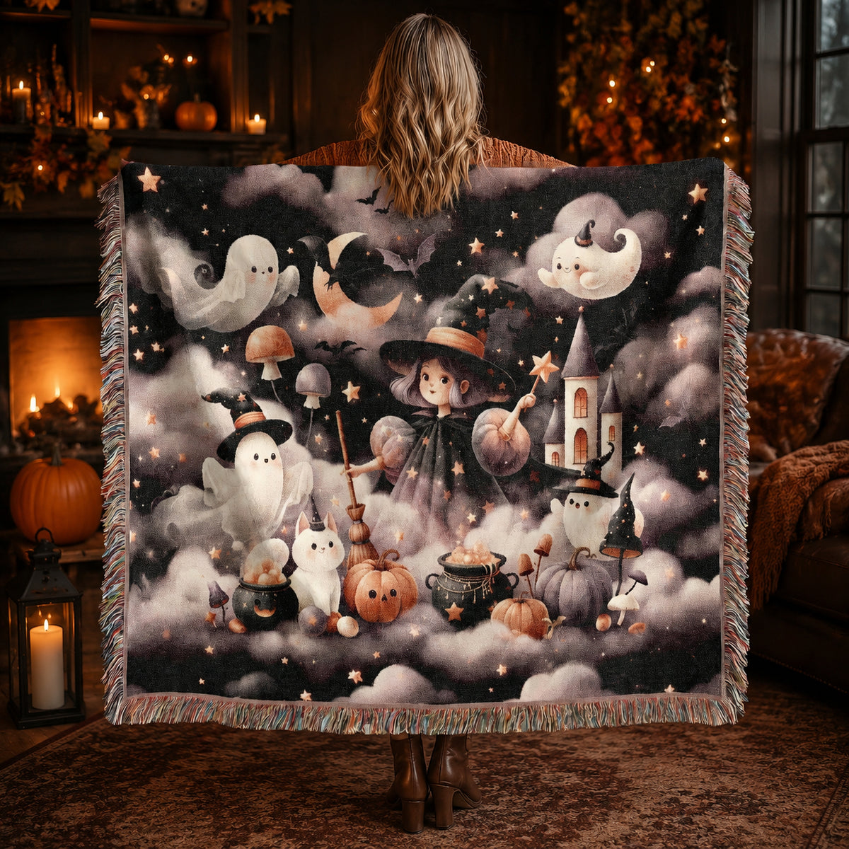 Cute Witch and Ghost Halloween Woven Blanket