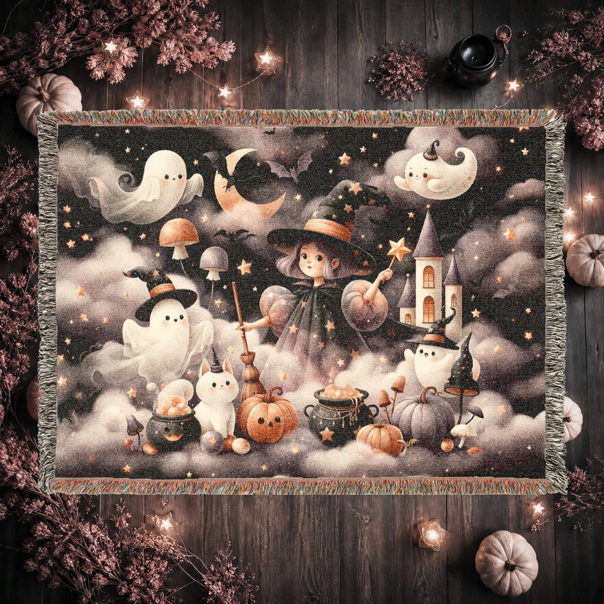 Cute Witch and Ghost Halloween Woven Blanket