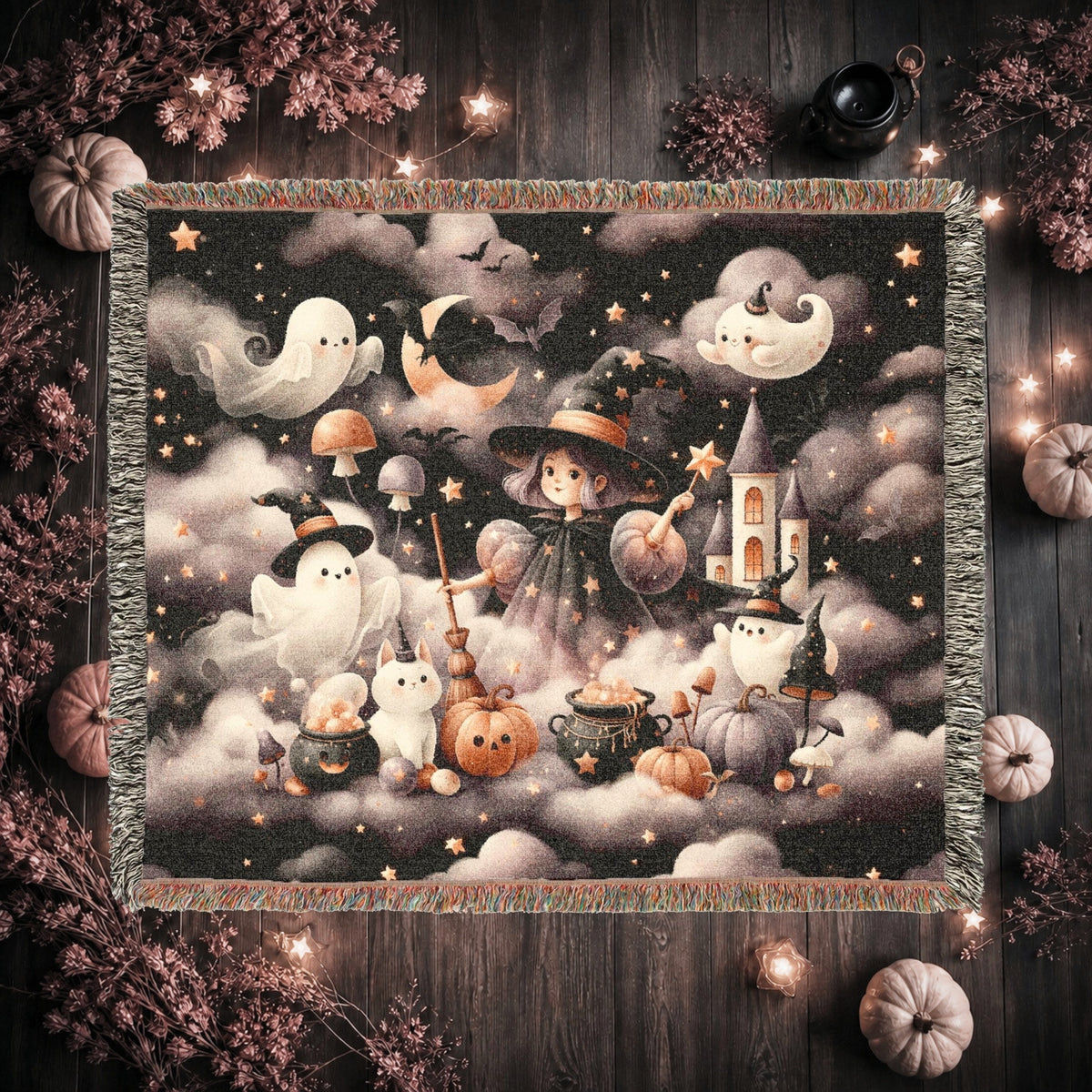 Cute Witch and Ghost Halloween Woven Blanket