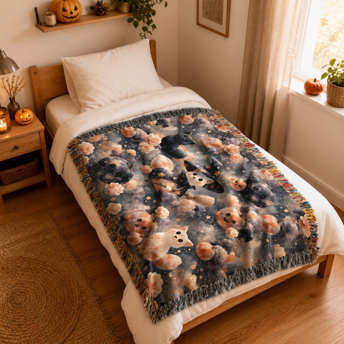 Cute Witch Cat Halloween Woven Blanket