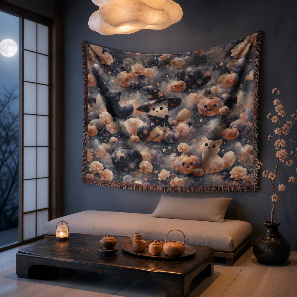 Cute Witch Cat Halloween Woven Blanket