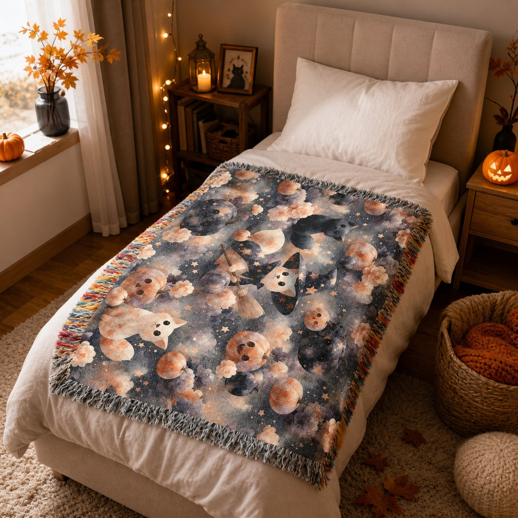 Cute Witch Cat Halloween Woven Blanket