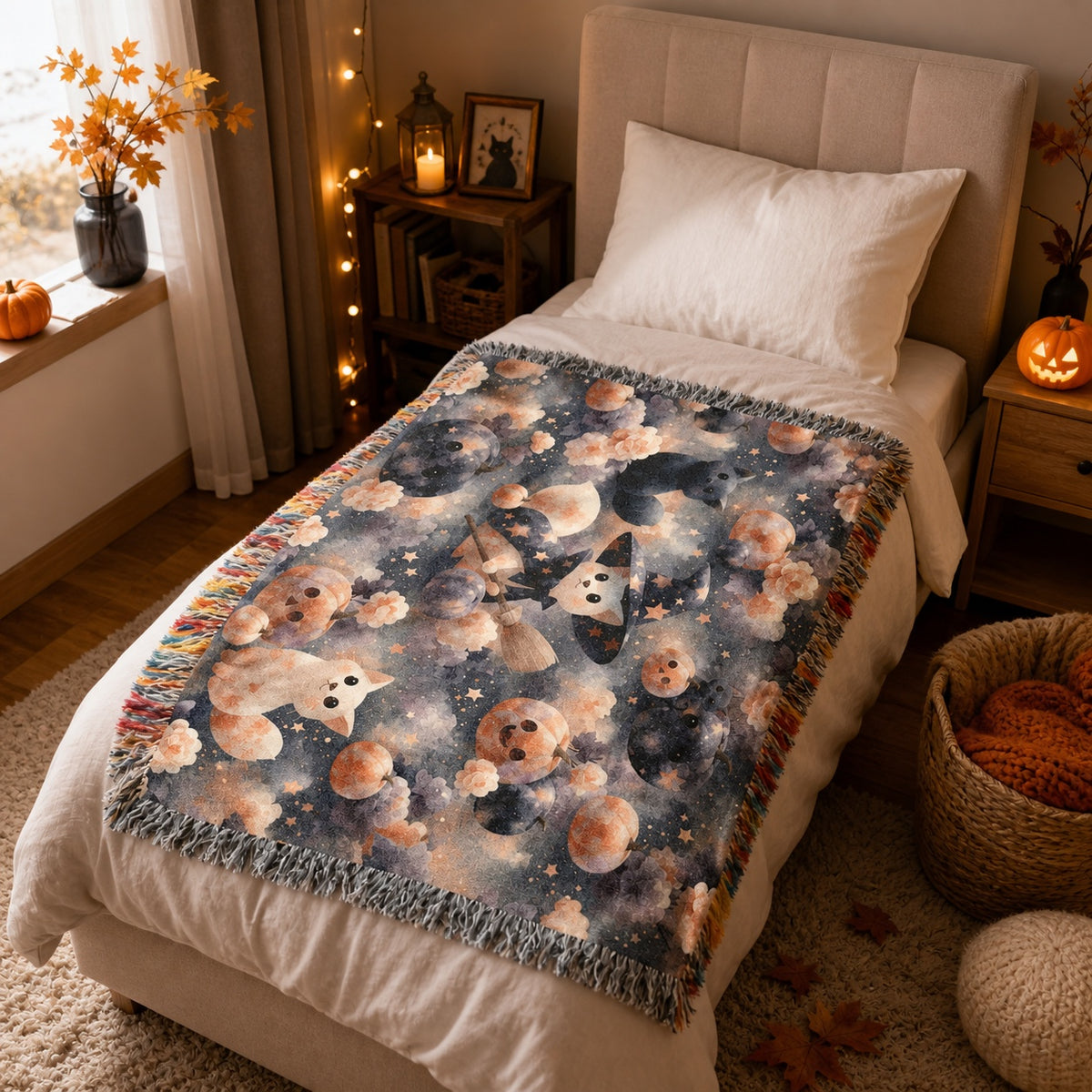 Cute Witch Cat Halloween Woven Blanket