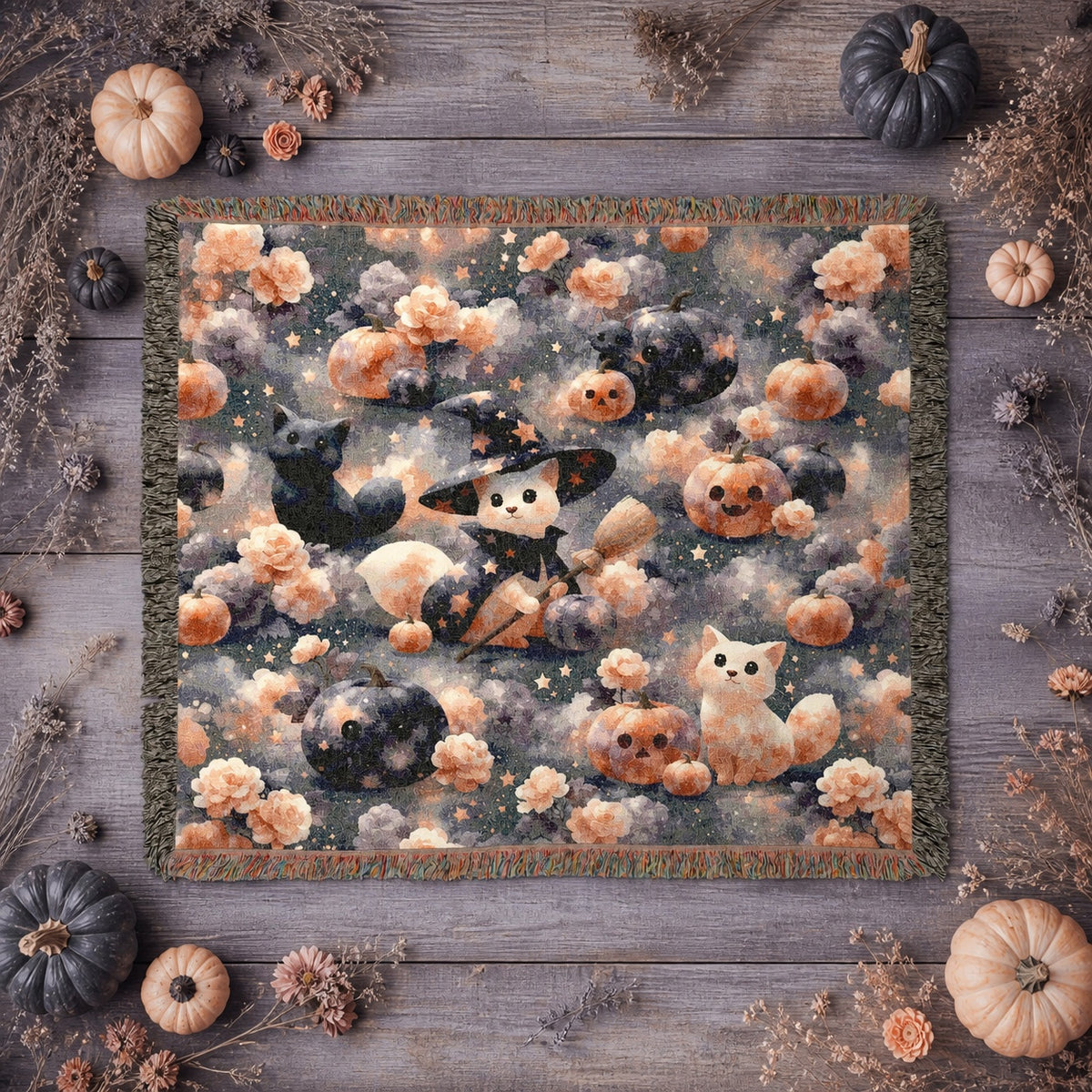 Cute Witch Cat Halloween Woven Blanket