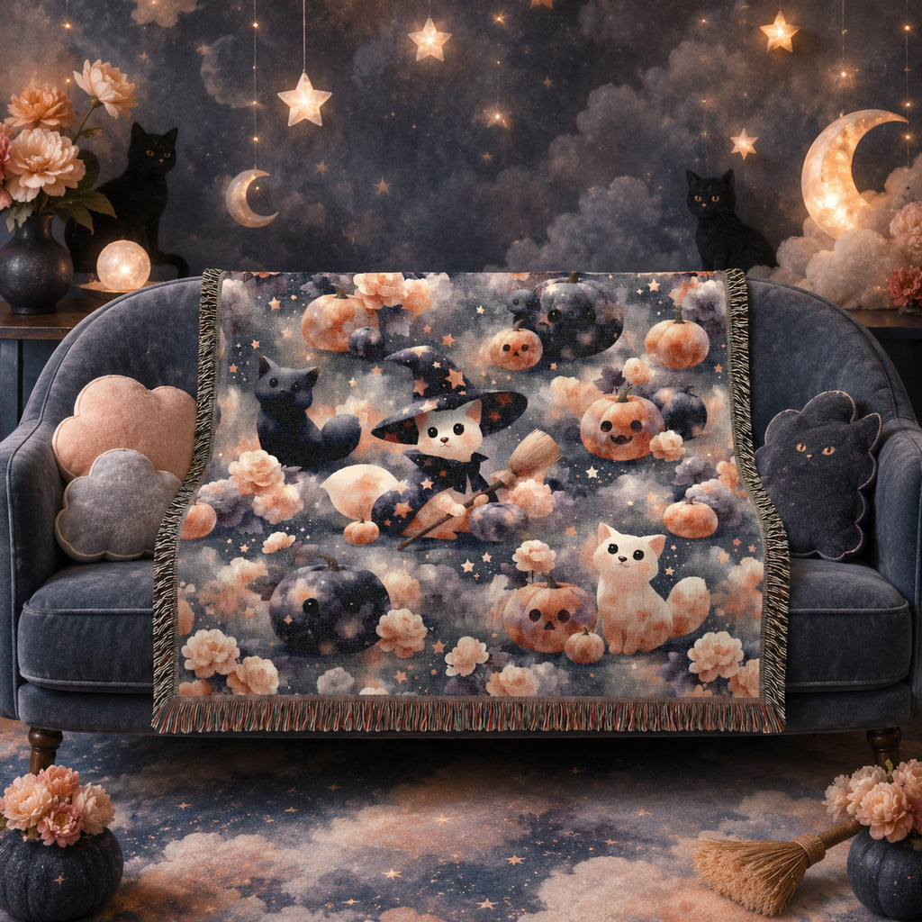 Cute Witch Cat Halloween Woven Blanket