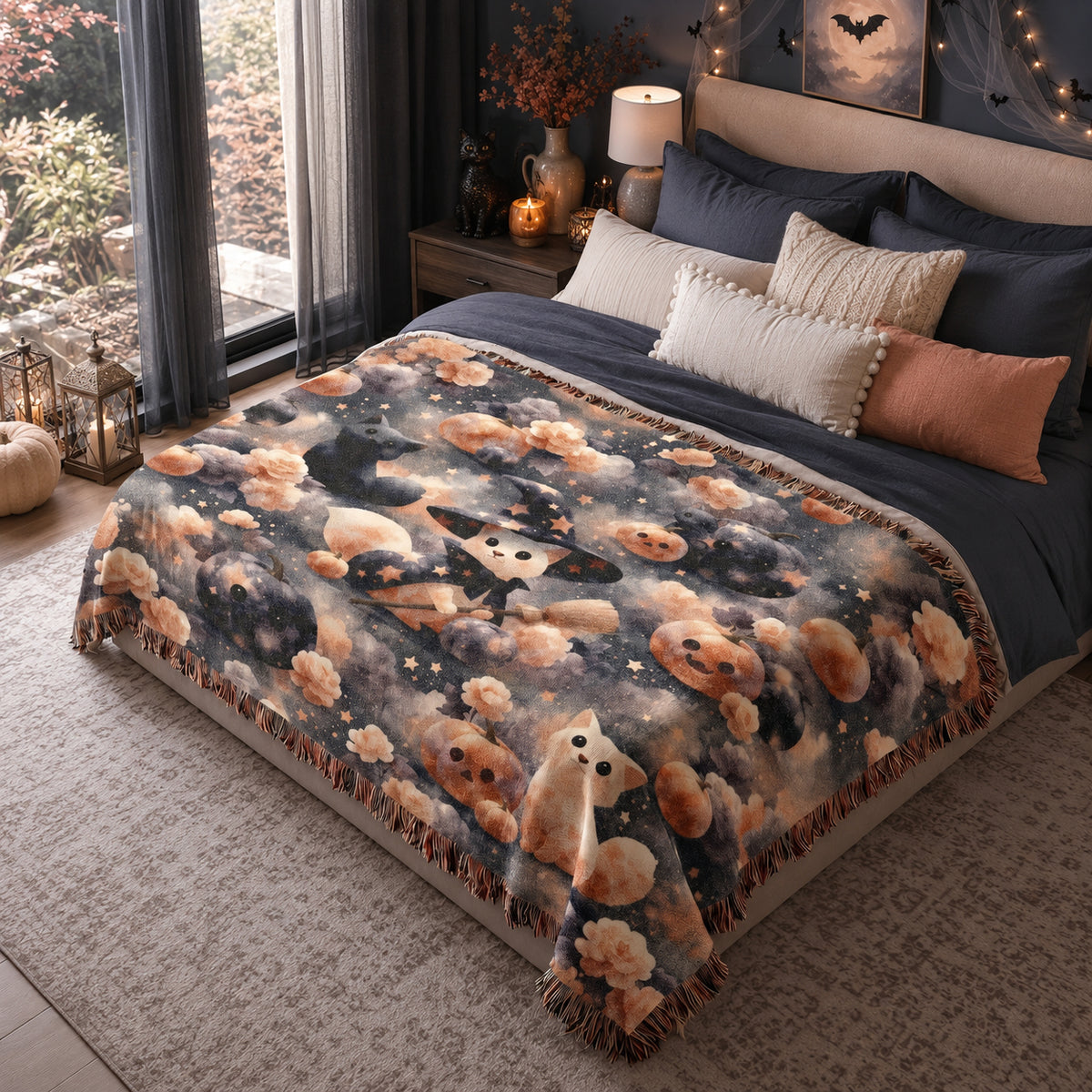 Cute Witch Cat Halloween Woven Blanket