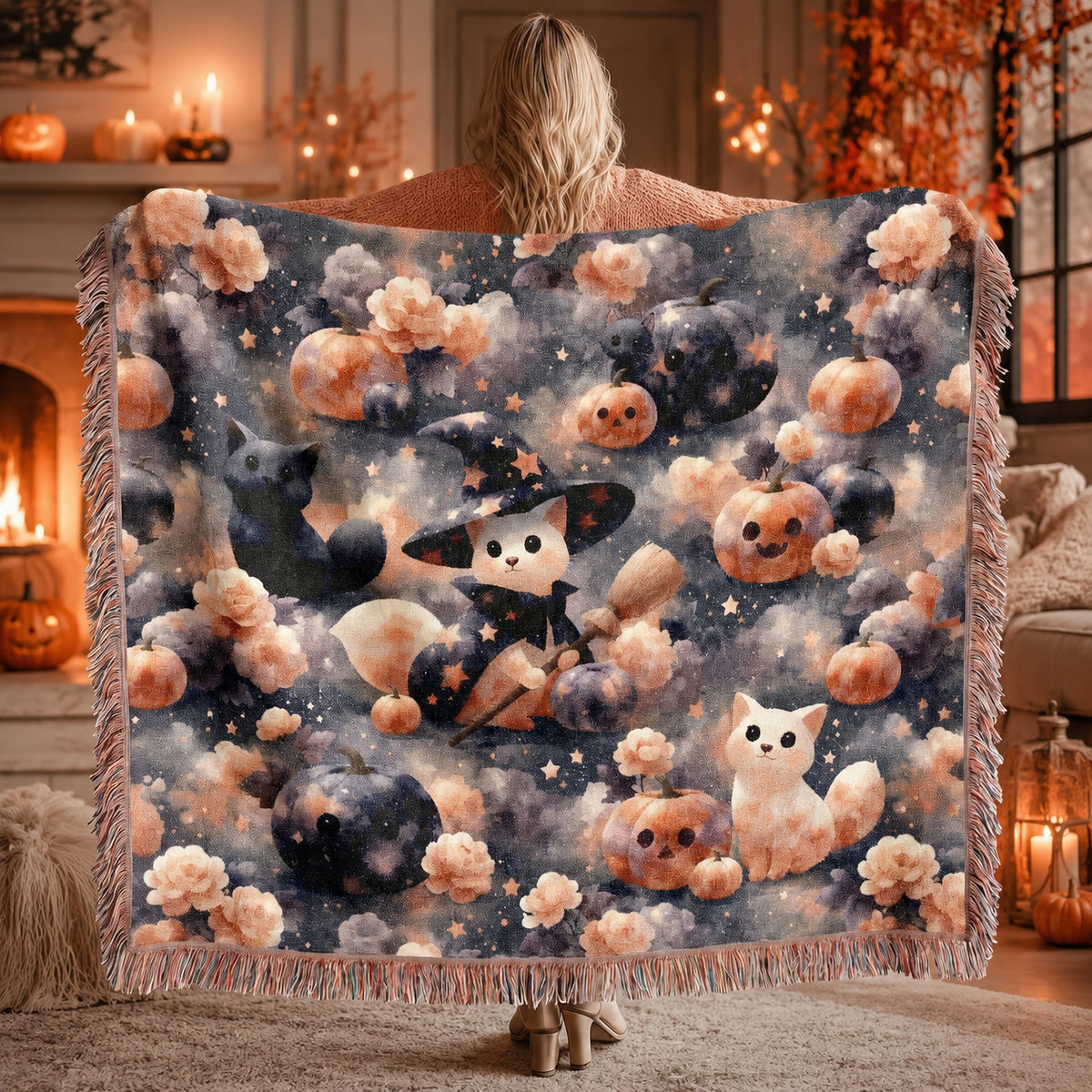 Cute Witch Cat Halloween Woven Blanket