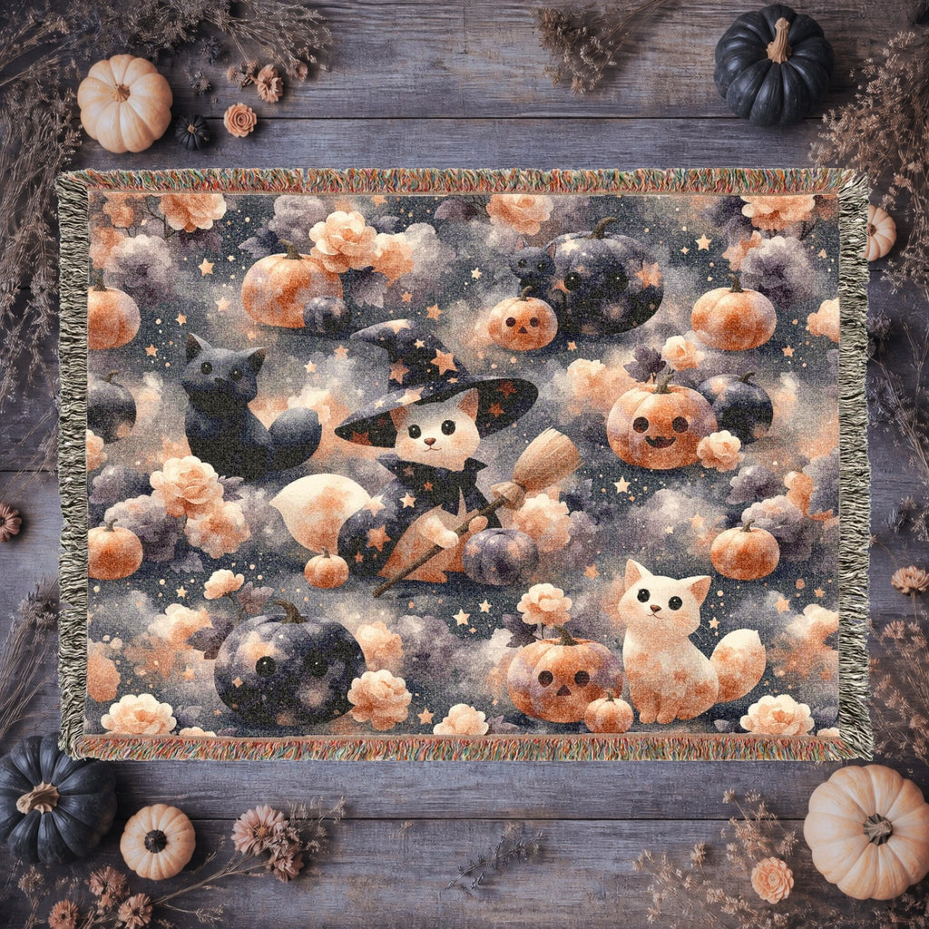 Cute Witch Cat Halloween Woven Blanket