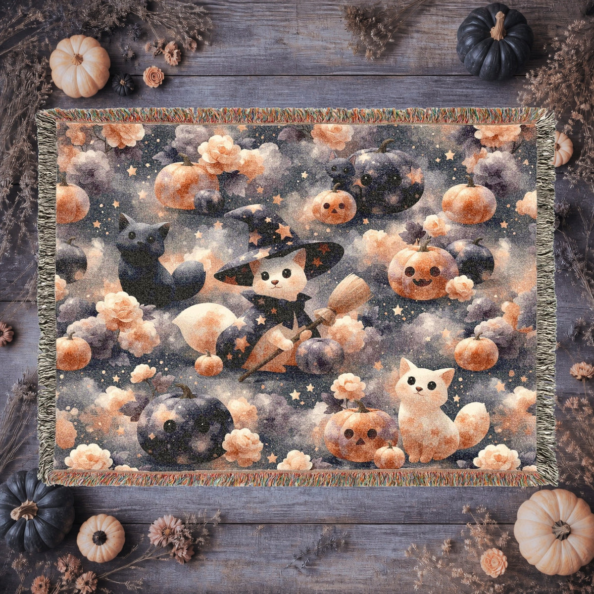 Cute Witch Cat Halloween Woven Blanket