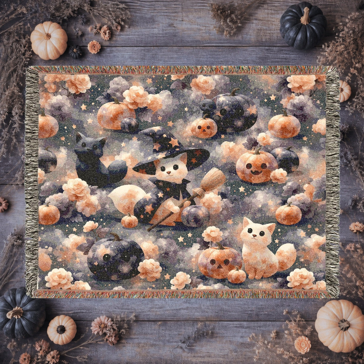 Cute Witch Cat Halloween Woven Blanket