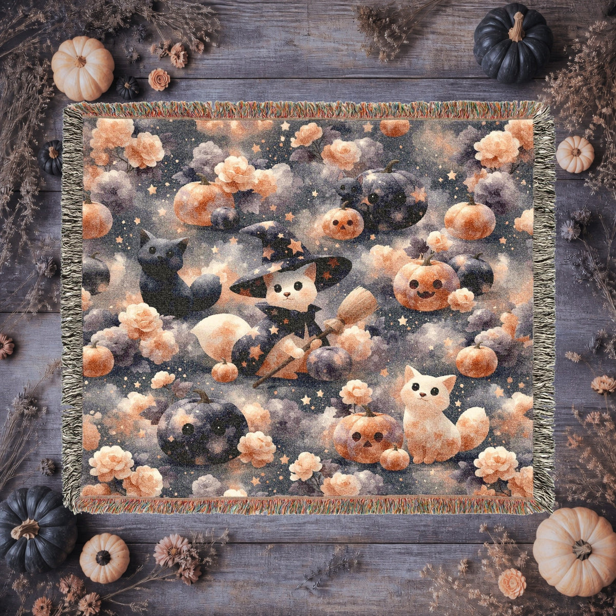 Cute Witch Cat Halloween Woven Blanket