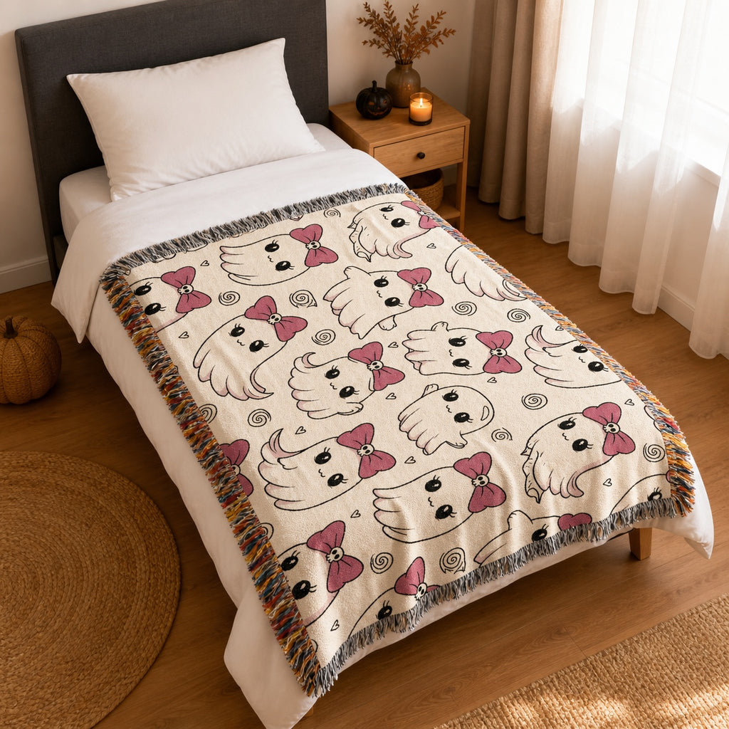 Cute Bow Kitty Woven Blanket