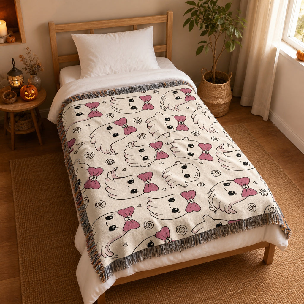 Cute Bow Kitty Woven Blanket