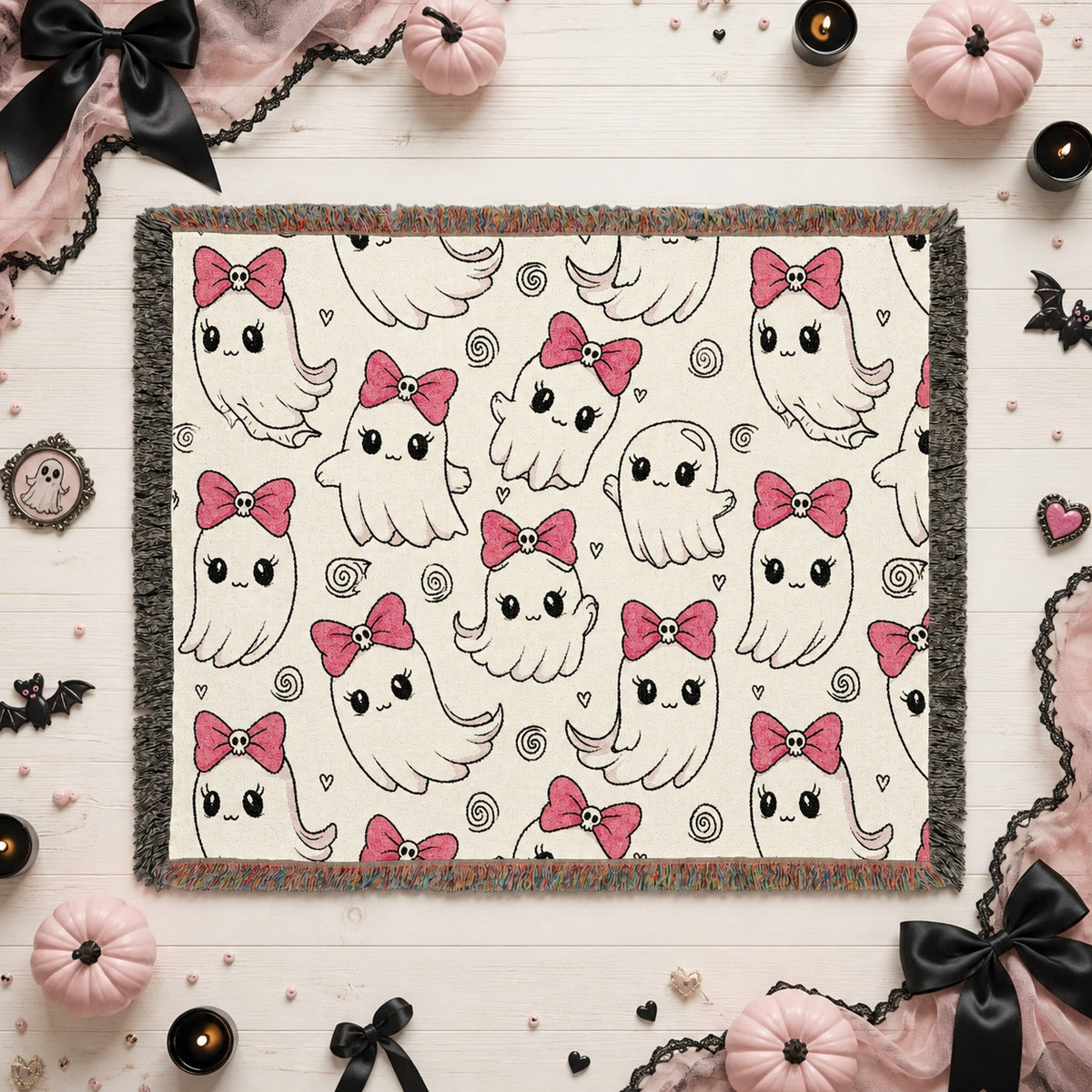 Cute Bow Kitty Woven Blanket
