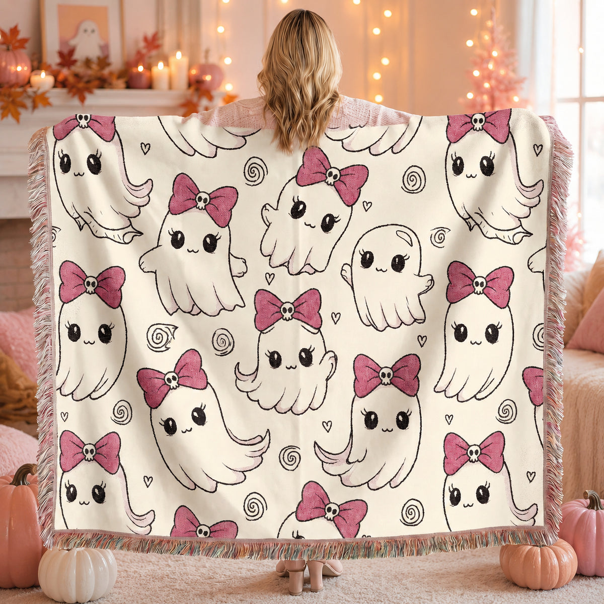 Cute Bow Kitty Woven Blanket