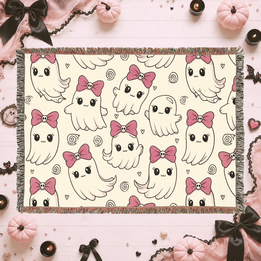 Cute Bow Kitty Woven Blanket