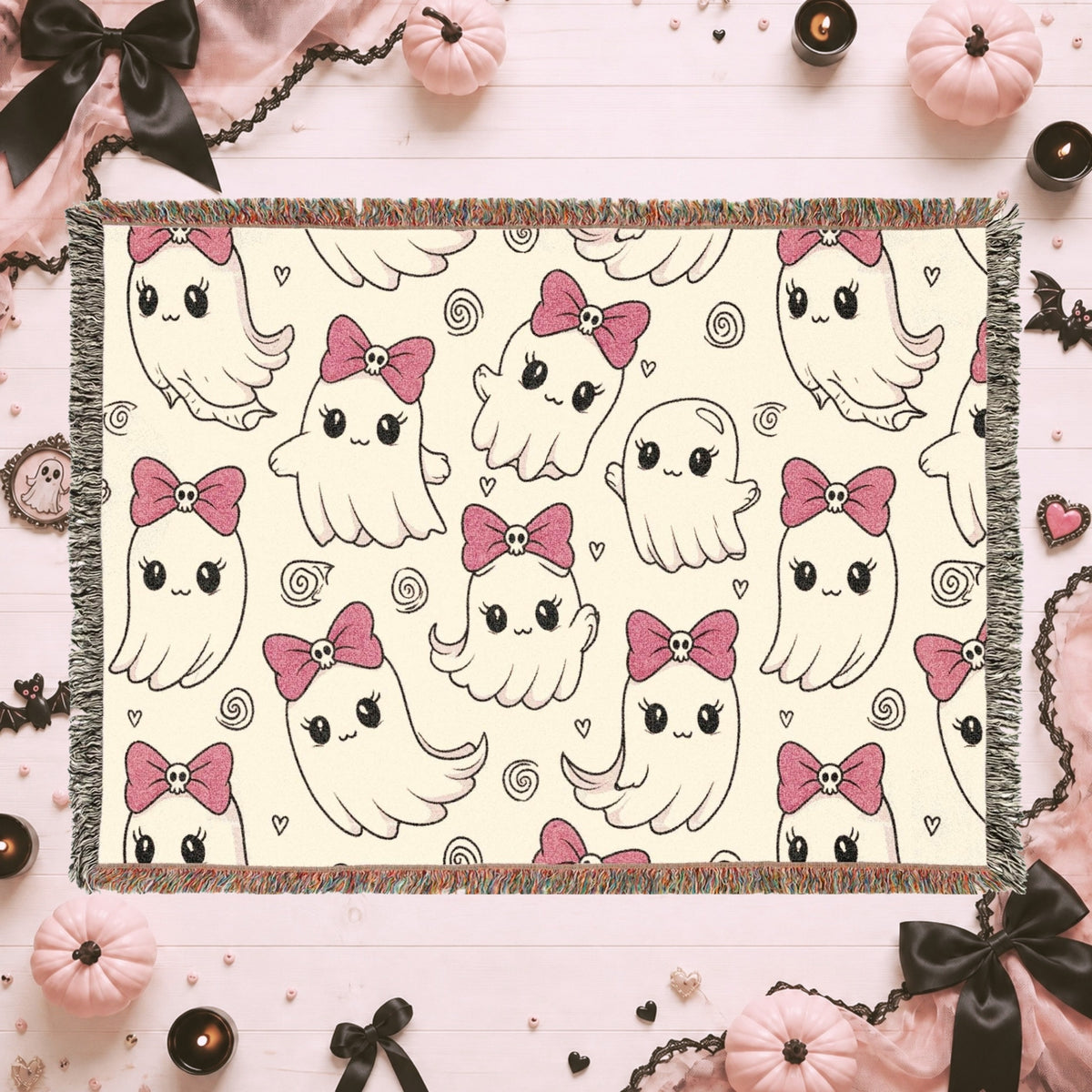 Cute Bow Kitty Woven Blanket