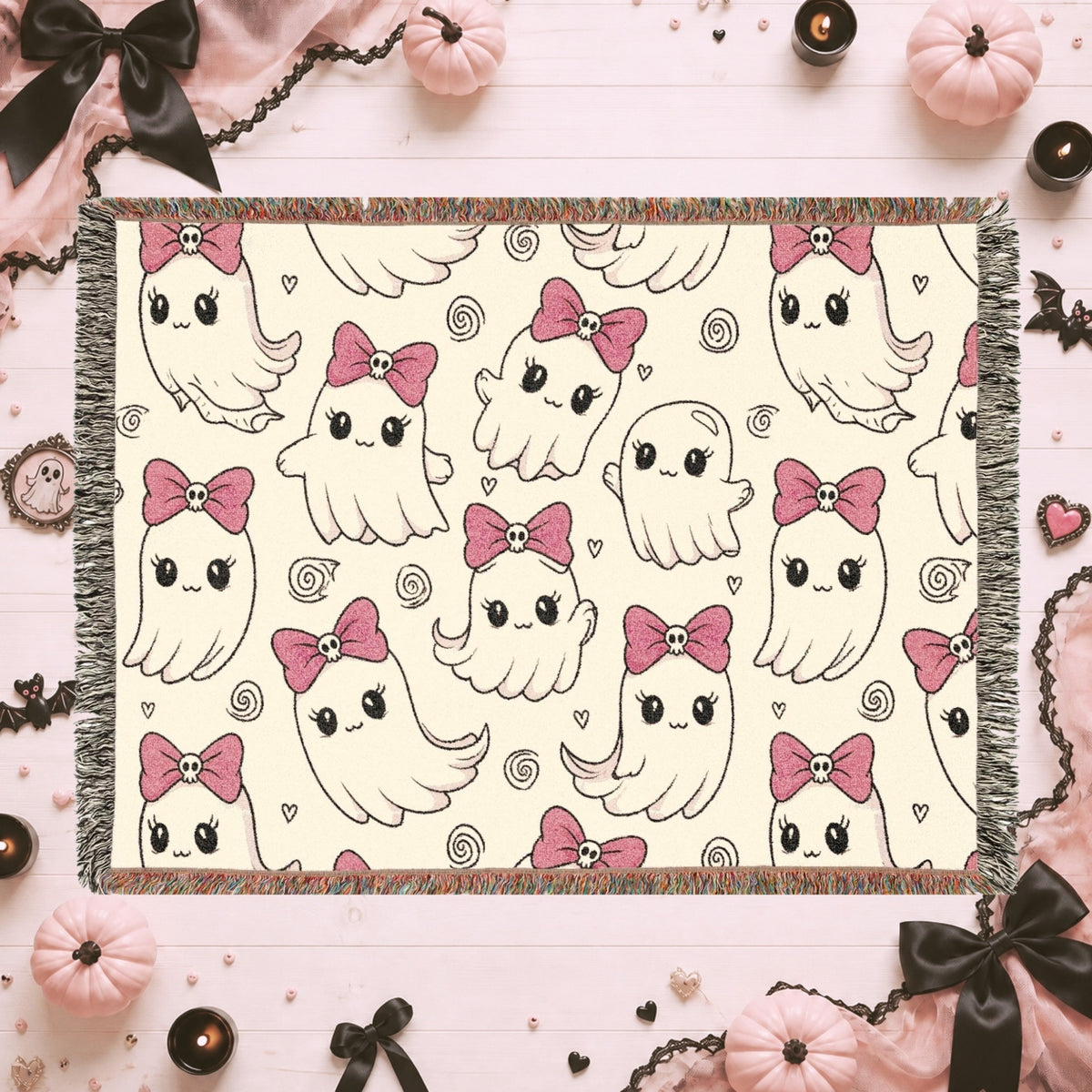 Cute Bow Kitty Woven Blanket