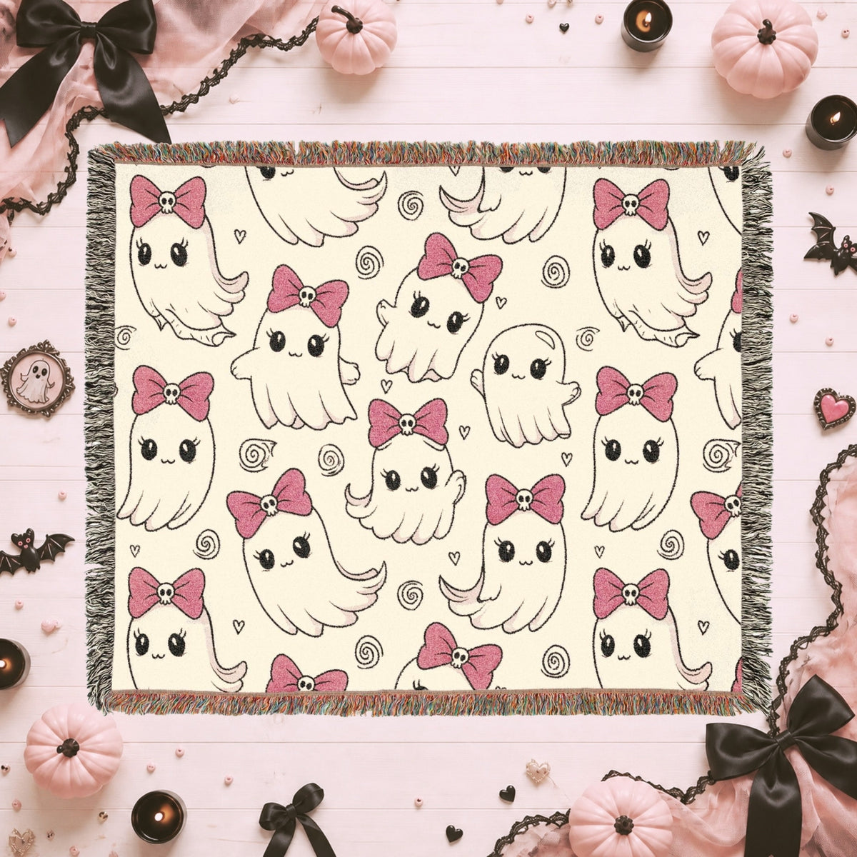 Cute Bow Kitty Woven Blanket