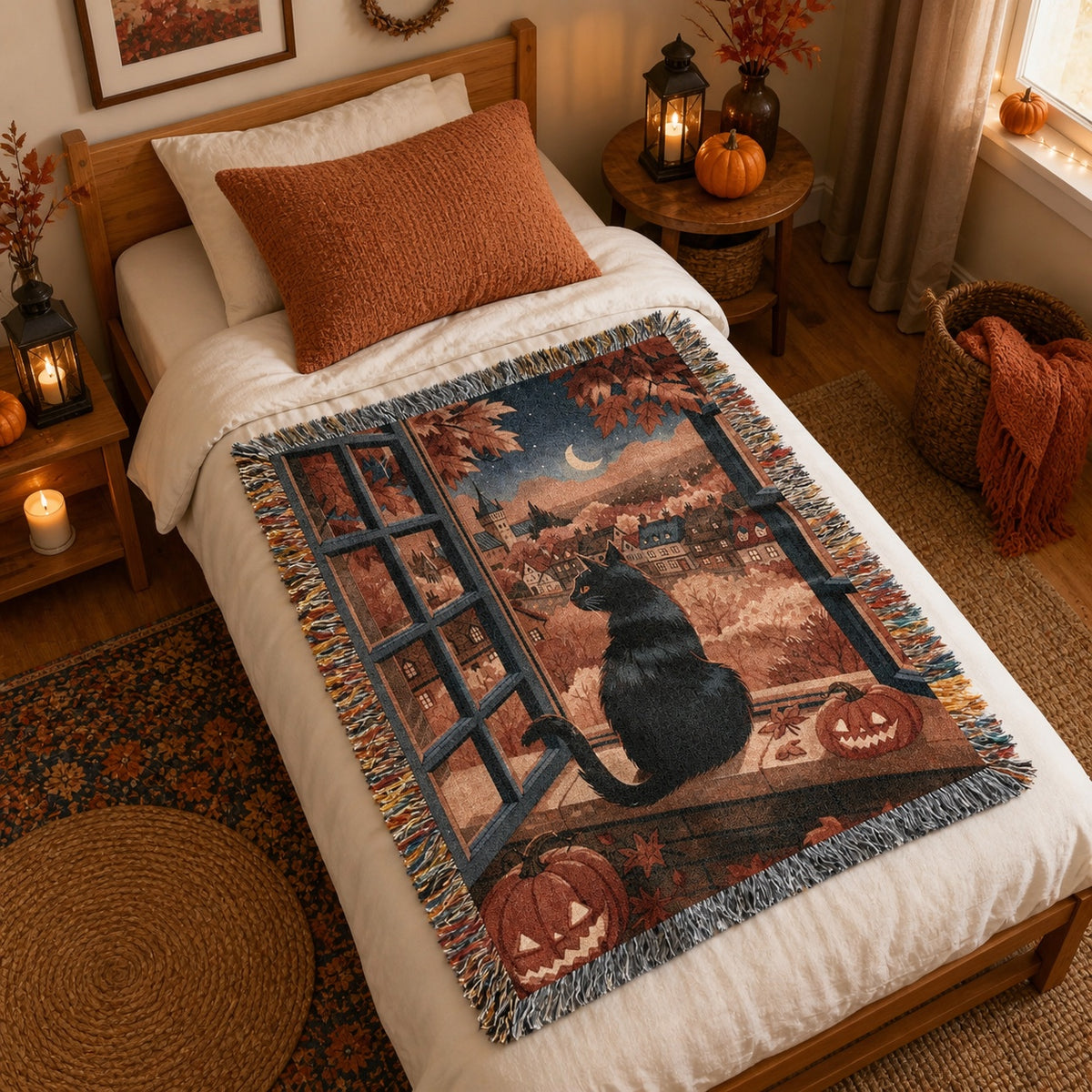 Black Cat Autumn Halloween Woven Blanket