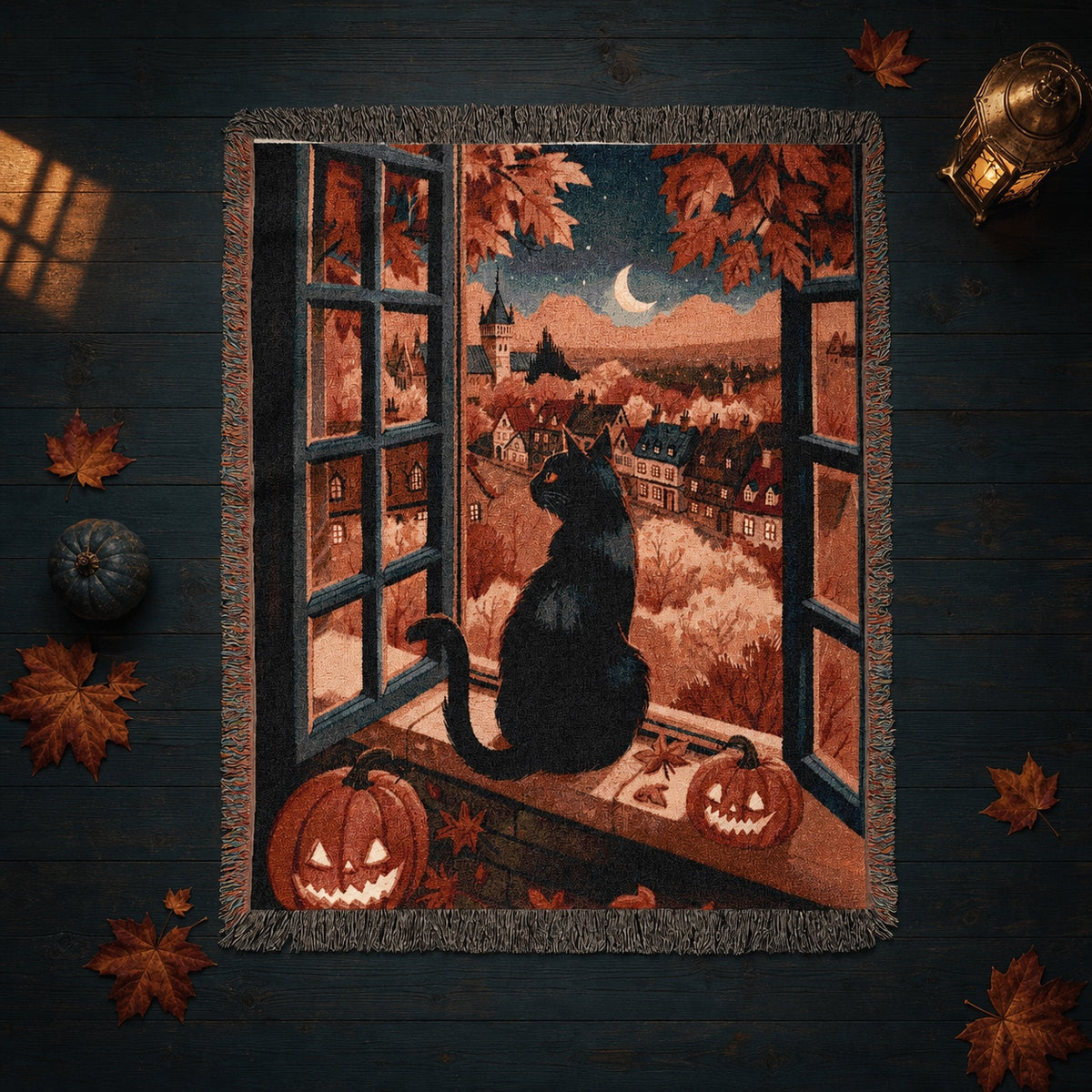 Black Cat Autumn Halloween Woven Blanket