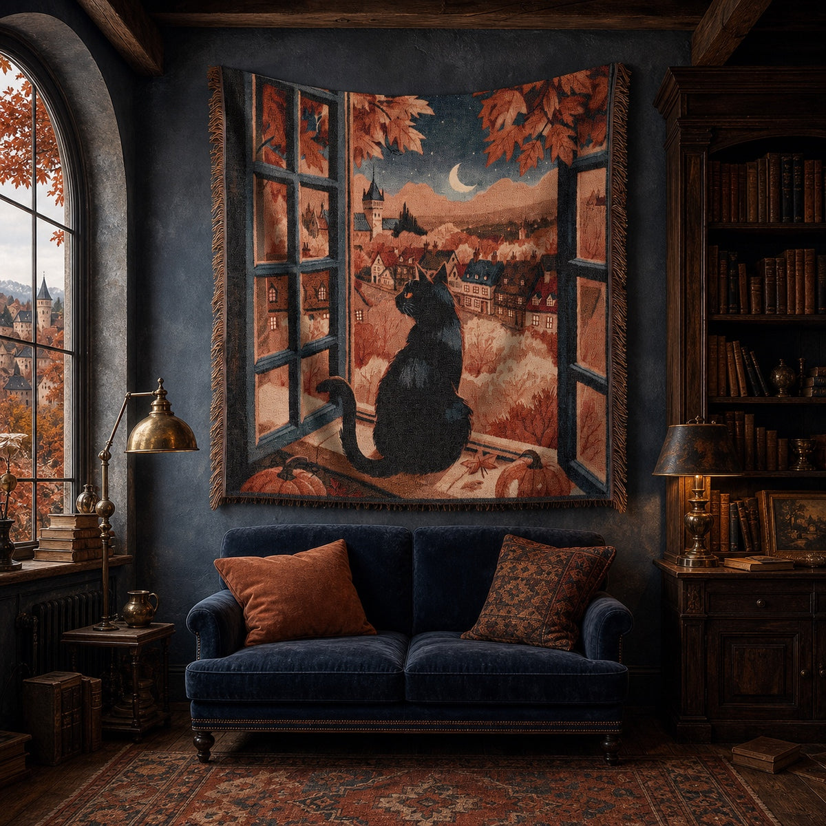 Black Cat Autumn Halloween Woven Blanket