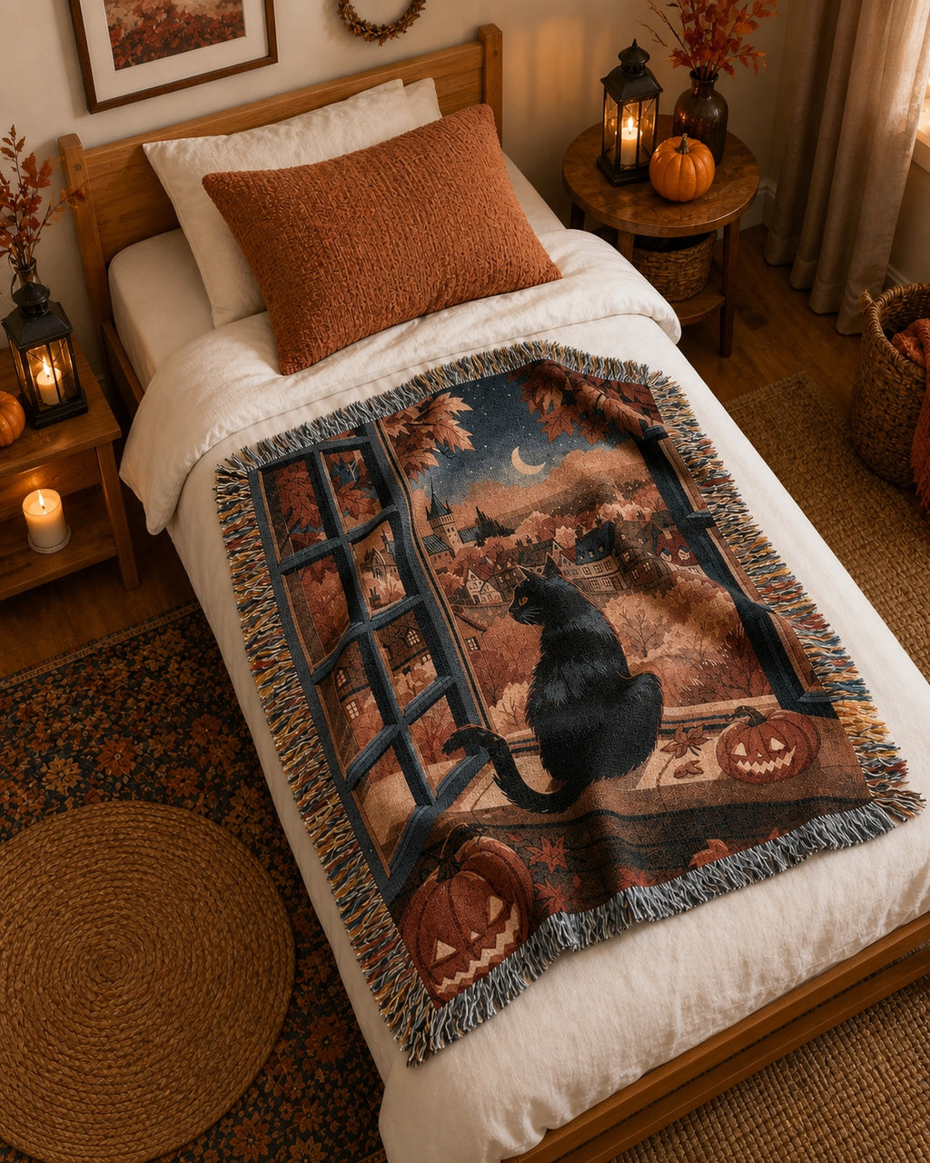 Black Cat Autumn Halloween Woven Blanket