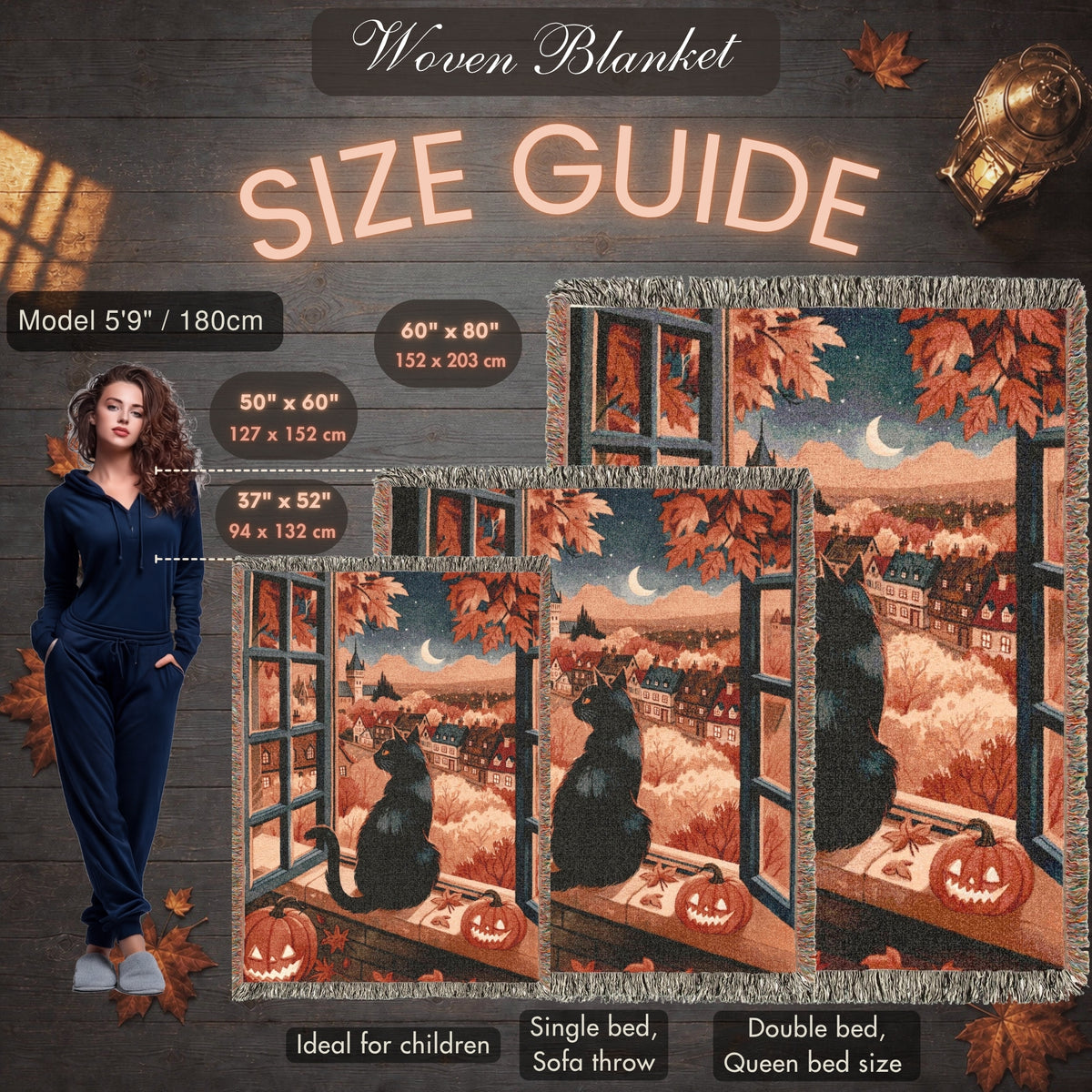 Black Cat Autumn Halloween Woven Blanket