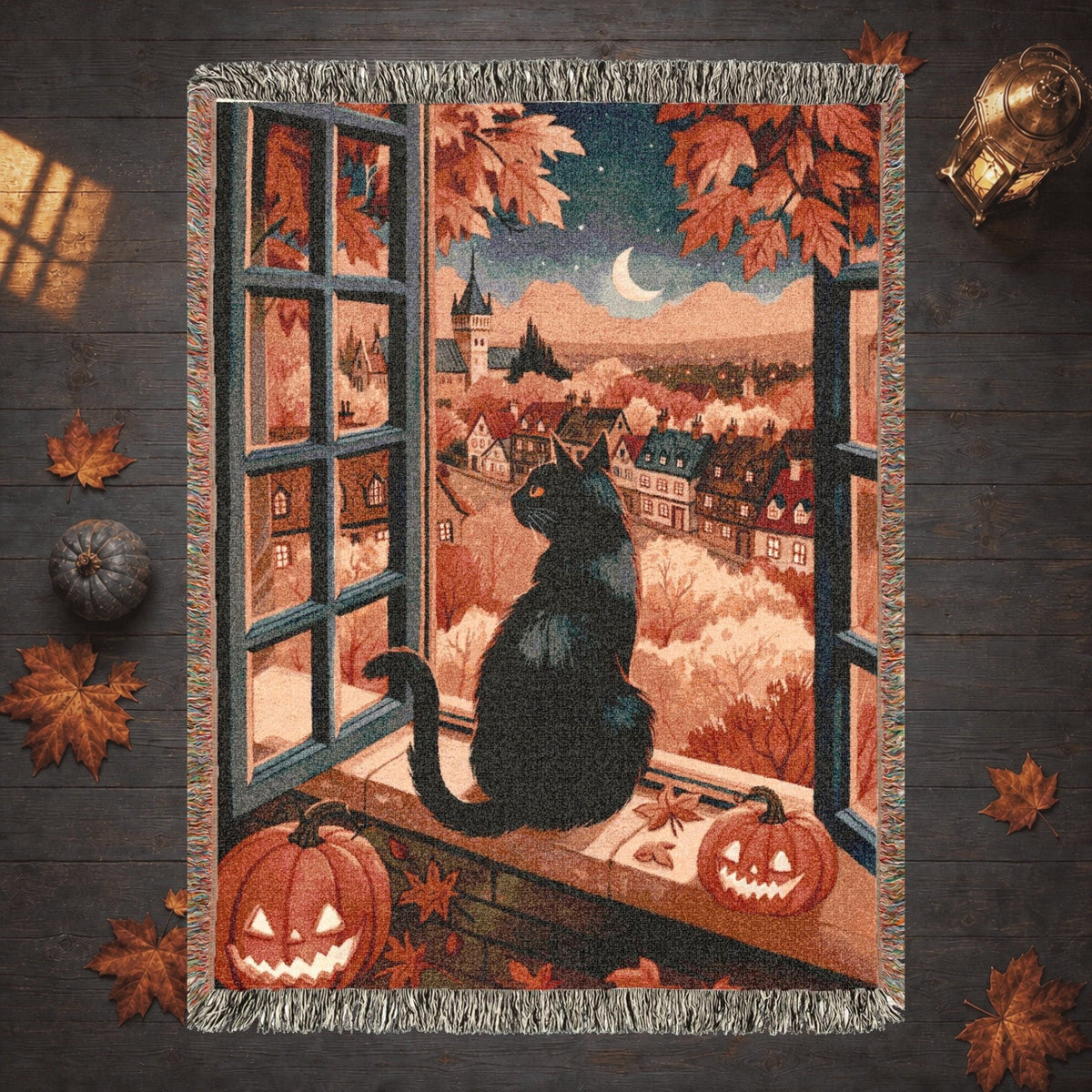 Black Cat Autumn Halloween Woven Blanket