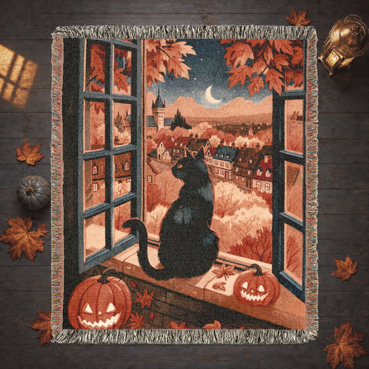 Black Cat Autumn Halloween Woven Blanket