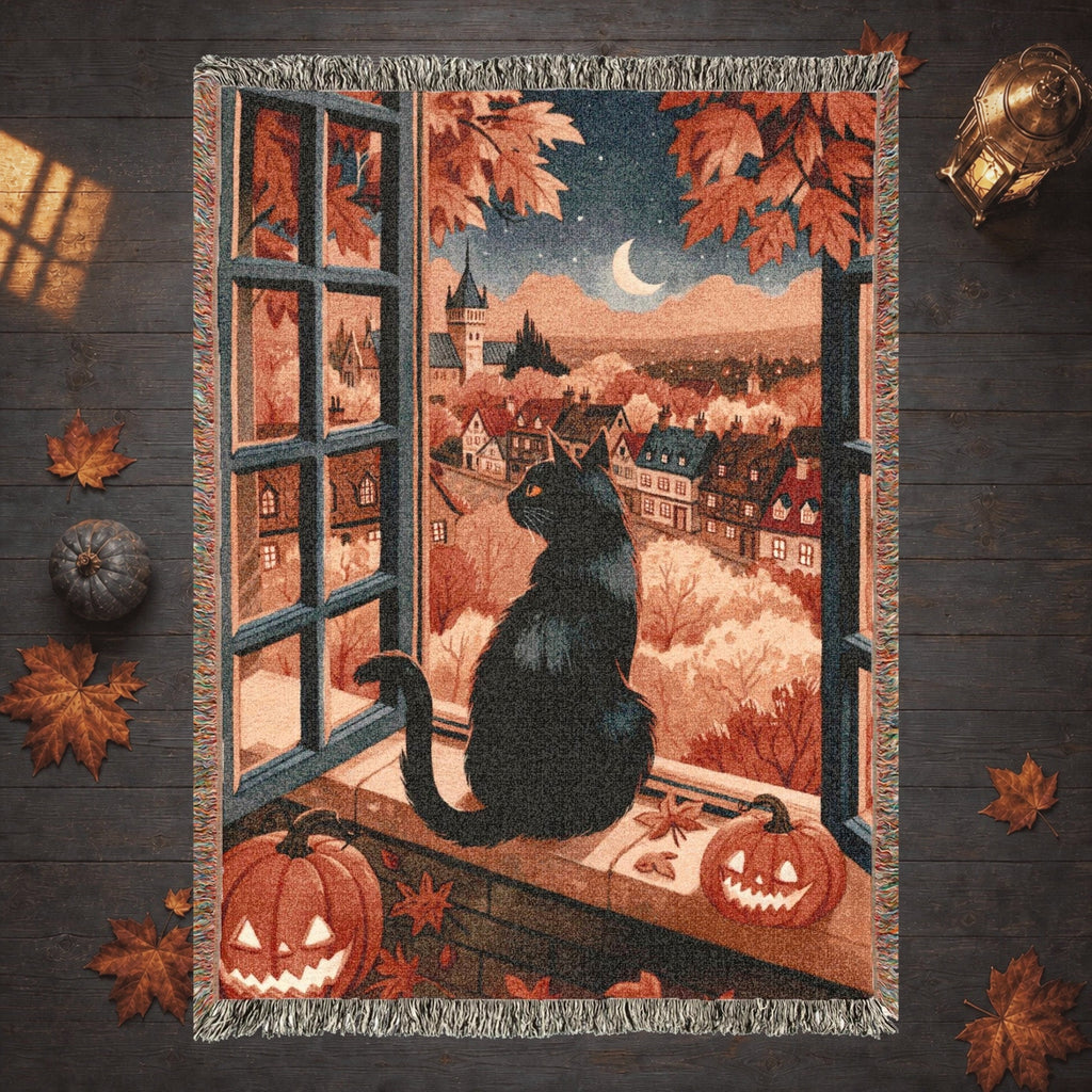 Black Cat Autumn Halloween Woven Blanket