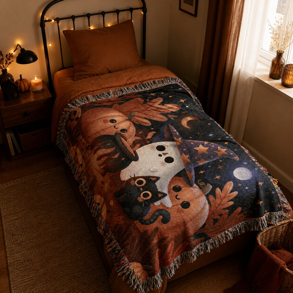 Cute Witch Ghost Halloween Woven Blanket