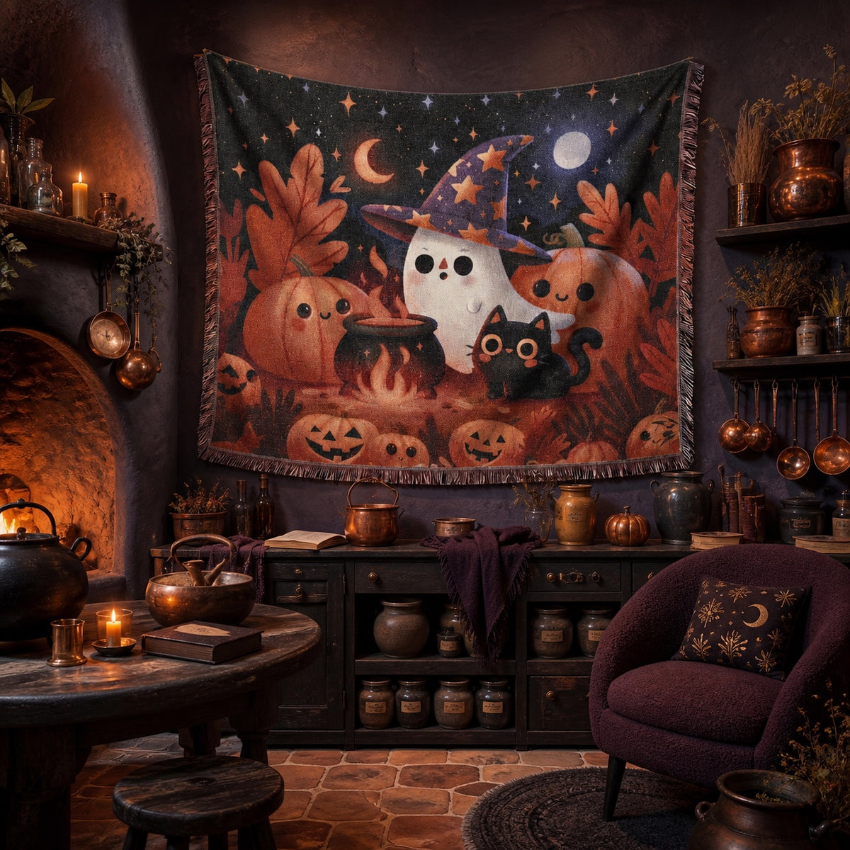 Cute Witch Ghost Halloween Woven Blanket