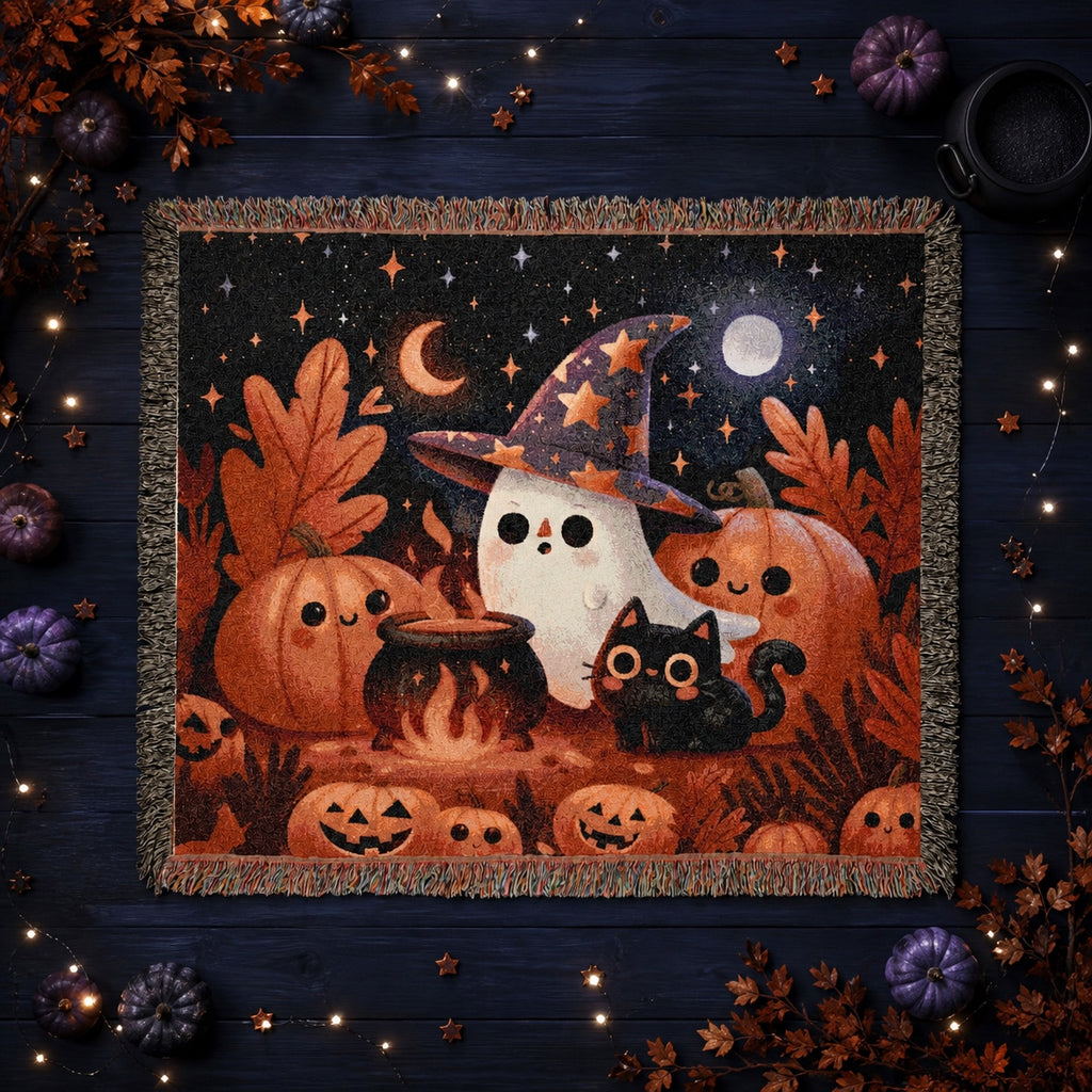 Cute Witch Ghost Halloween Woven Blanket
