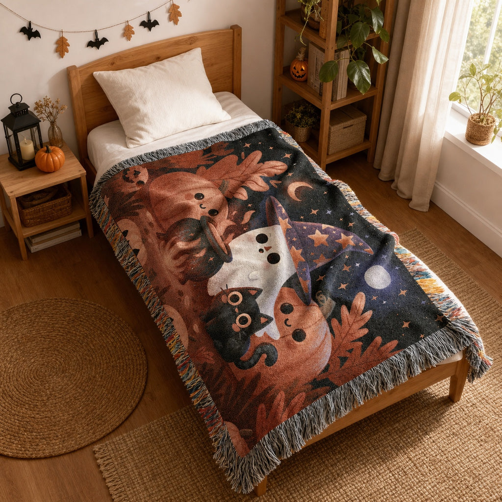 Cute Witch Ghost Halloween Woven Blanket