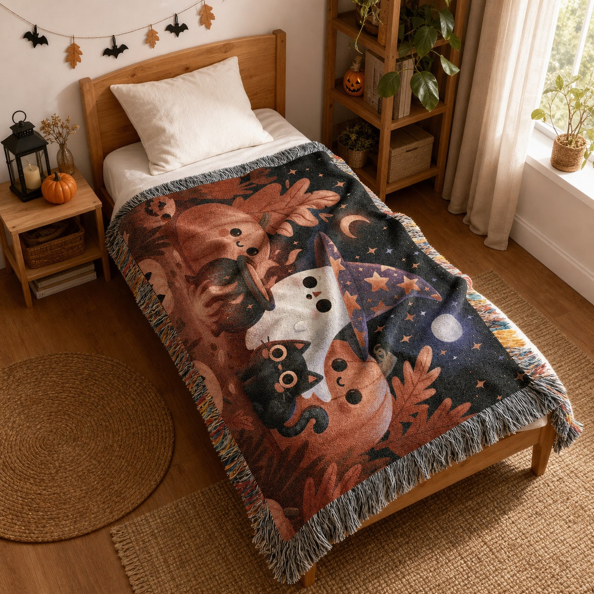 Cute Witch Ghost Halloween Woven Blanket