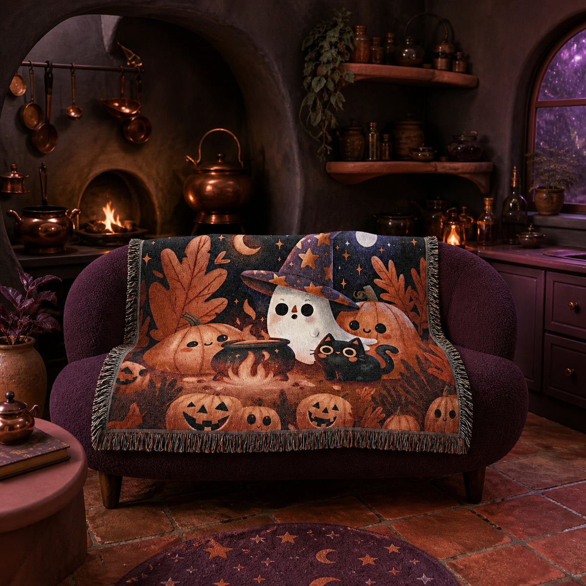 Cute Witch Ghost Halloween Woven Blanket