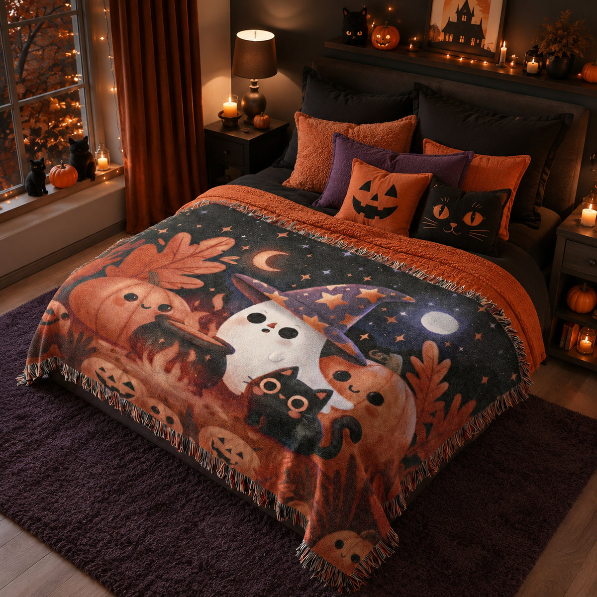 Cute Witch Ghost Halloween Woven Blanket