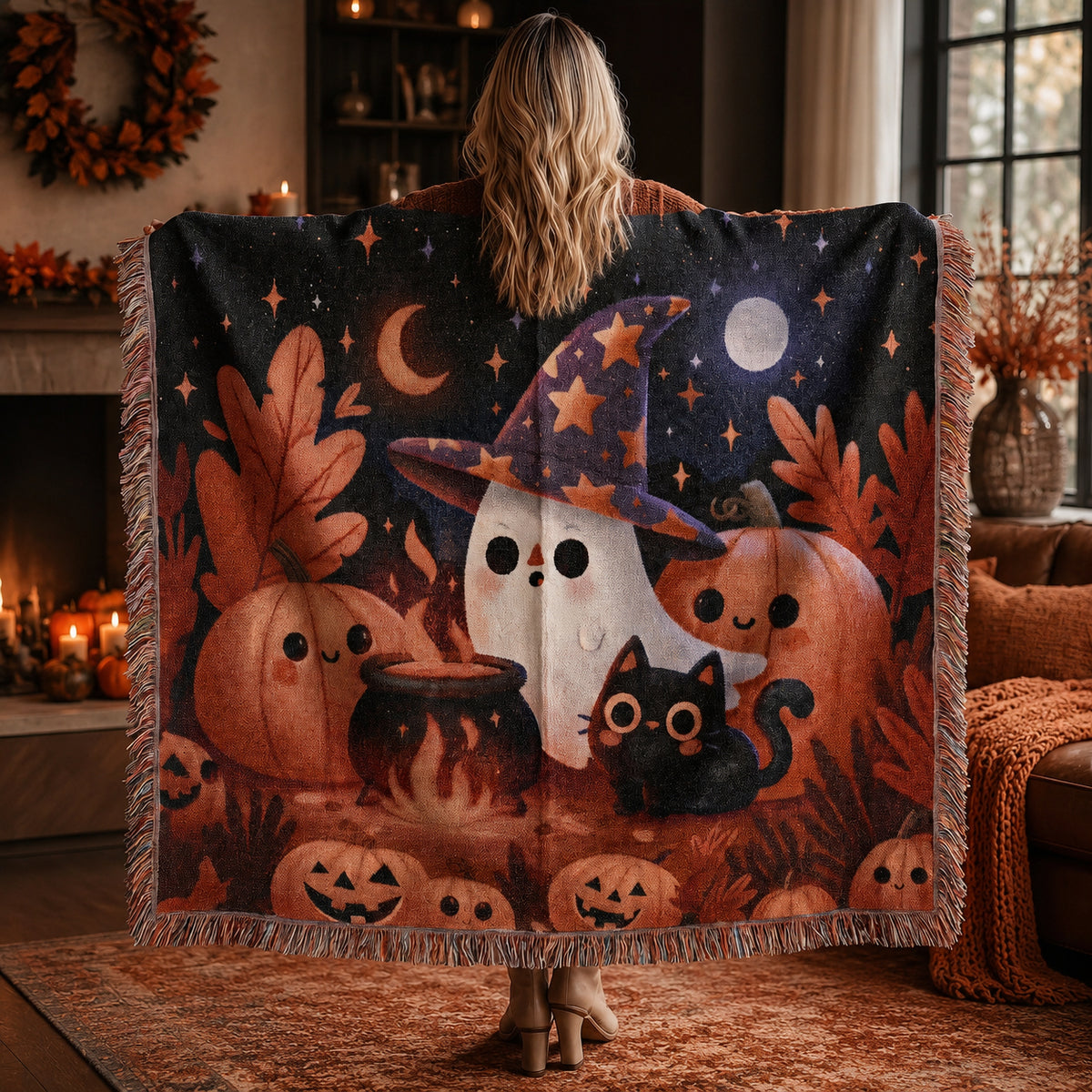 Cute Witch Ghost Halloween Woven Blanket
