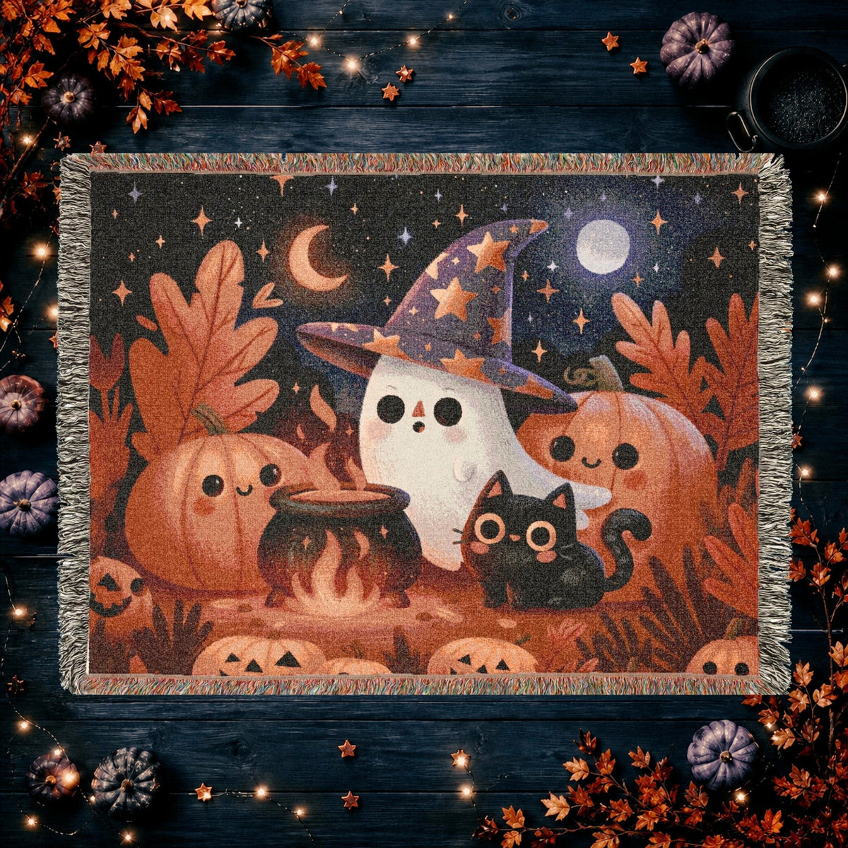 Cute Witch Ghost Halloween Woven Blanket