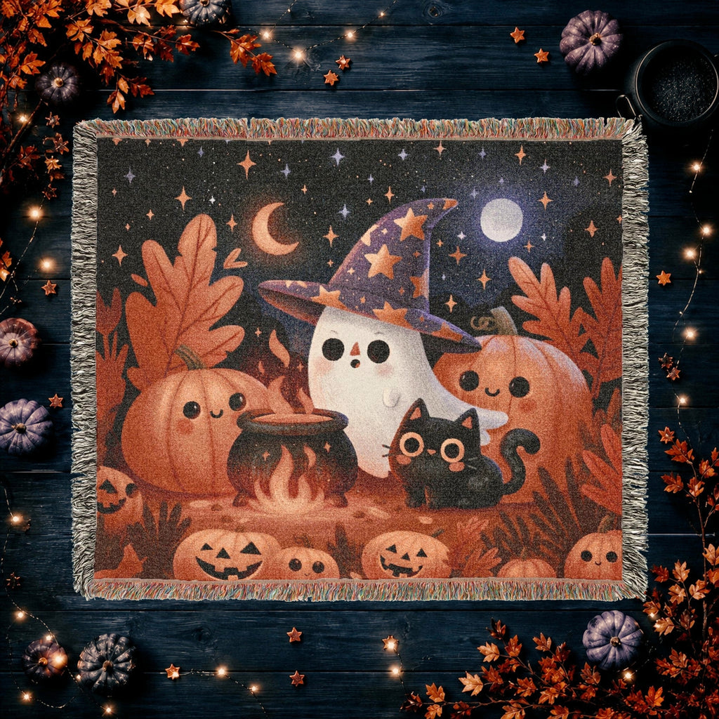 Cute Witch Ghost Halloween Woven Blanket