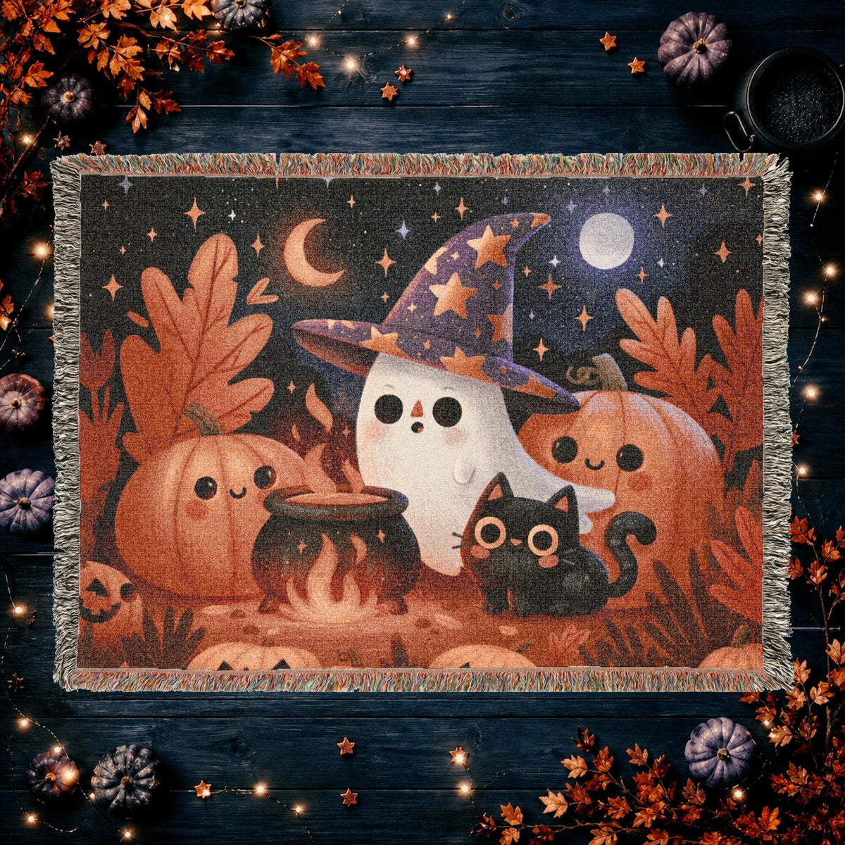 Cute Witch Ghost Halloween Woven Blanket