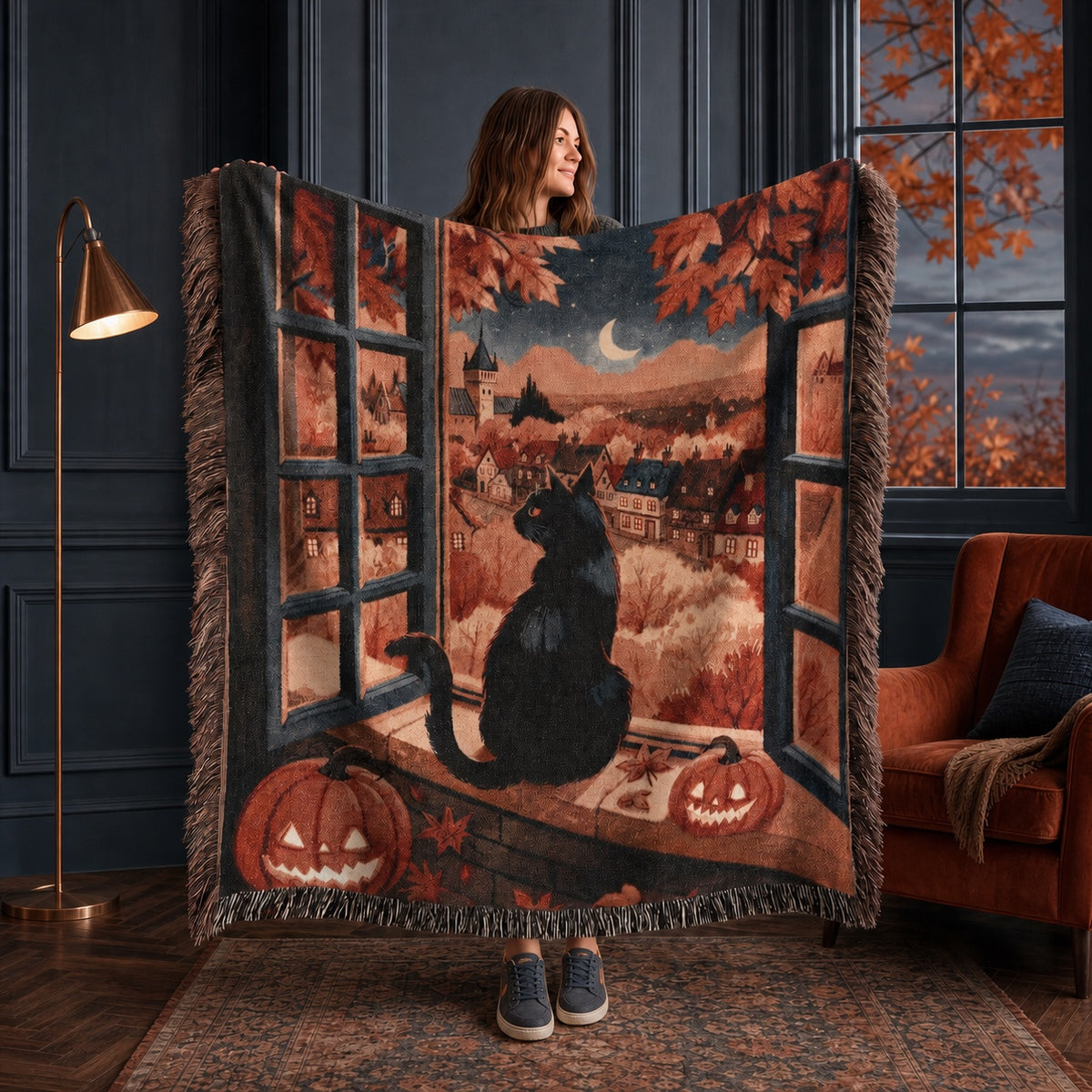 Black Cat Autumn Halloween Woven Blanket