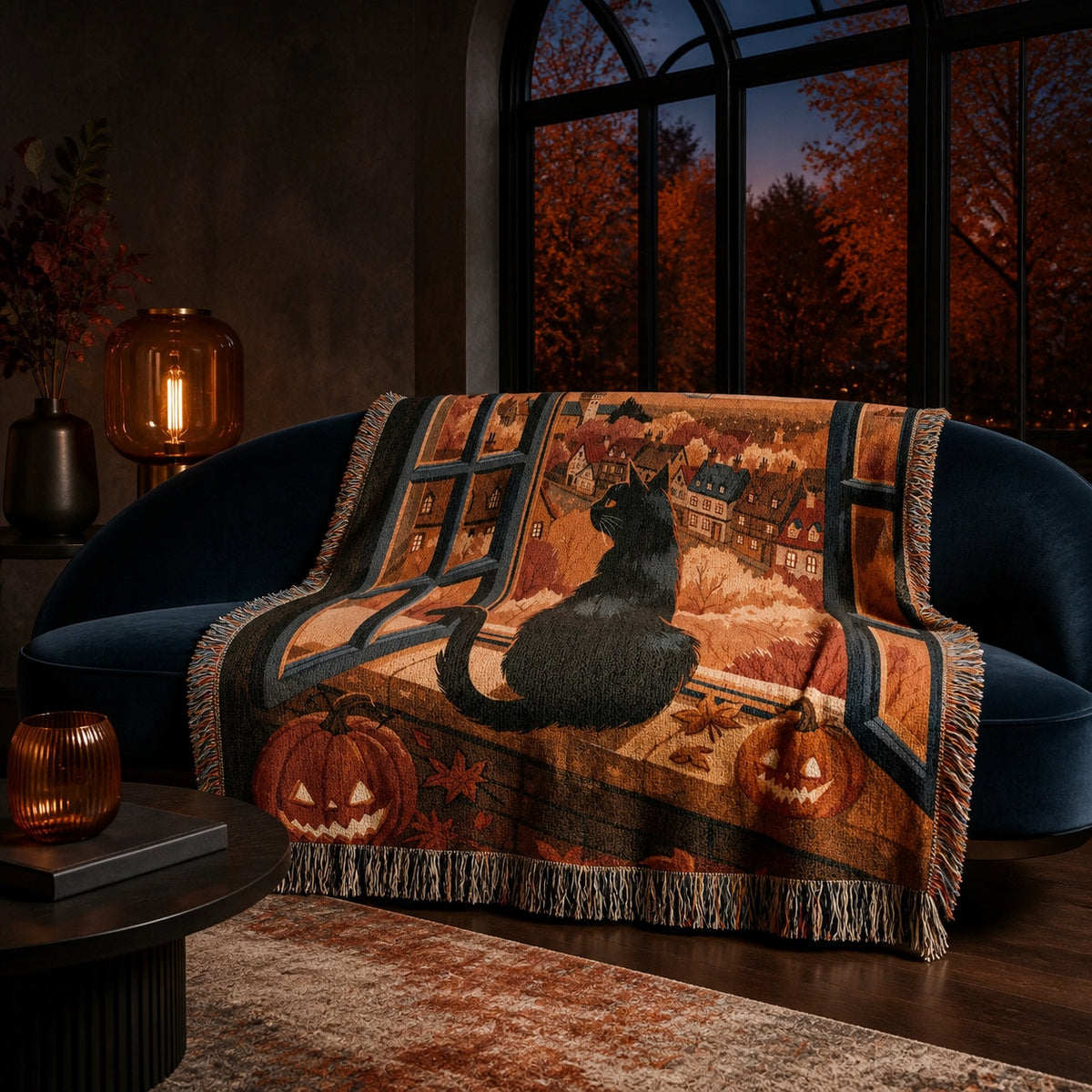 Black Cat Autumn Halloween Woven Blanket
