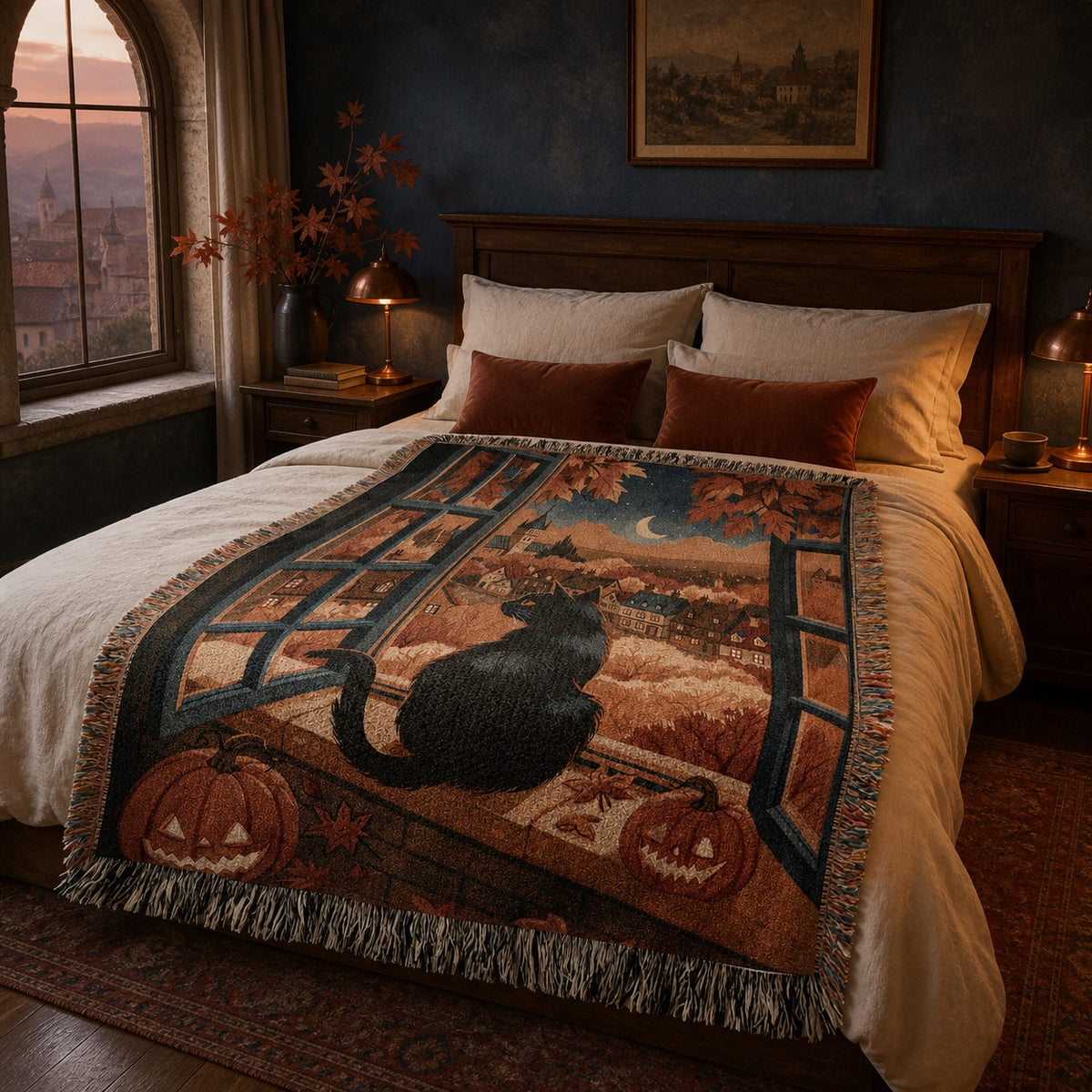 Black Cat Autumn Halloween Woven Blanket