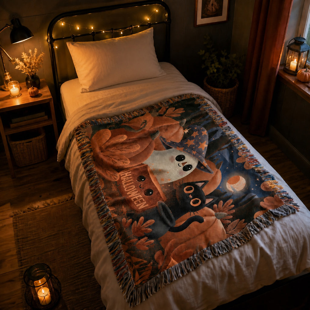 Cute Ghost and Black Cat Halloween Woven Blanket