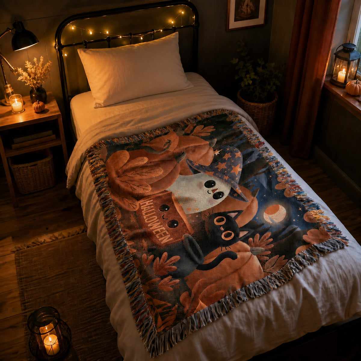 Cute Ghost and Black Cat Halloween Woven Blanket